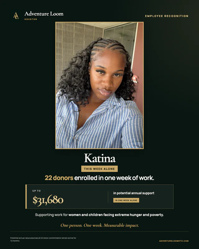 Adventure Loom employee recognition post featuring Katina and emphasizing that this week alone she enrolled 22 donors in one week of work, representing up to $31,680 in potential annual support if all commitments remain active for 12 months.
